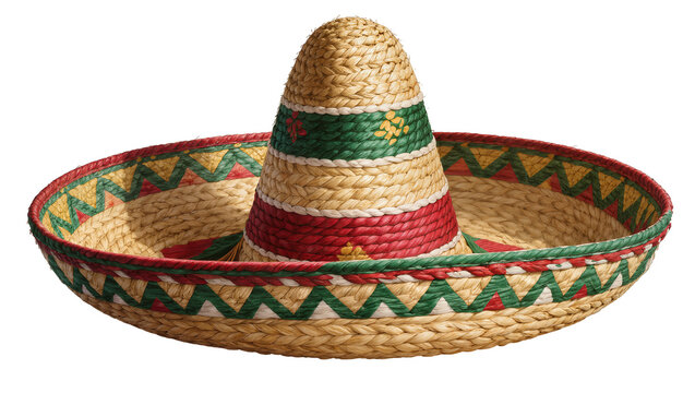 Isolated traditional Mexican sombrero crafted from straw with vibrant red and green braided design