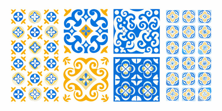 Blue And Yellow Ornamental Patterns Seamless Vector Tile Design