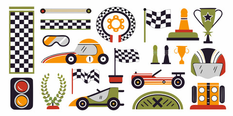 Obraz premium Racing Elements Collection Vector Illustration With Checkered Flags And Race Cars