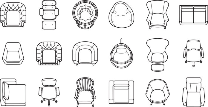 Set of furniture top view icons featuring various armchair styles and seating designs in linear vector illustration