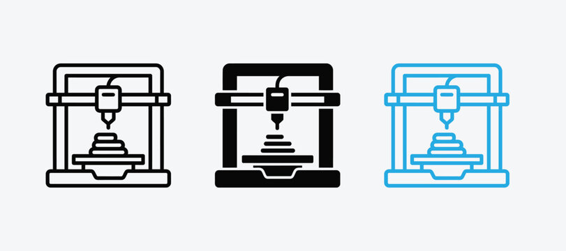 Set of 3D printer icons with linear and solid styles additive manufacturing