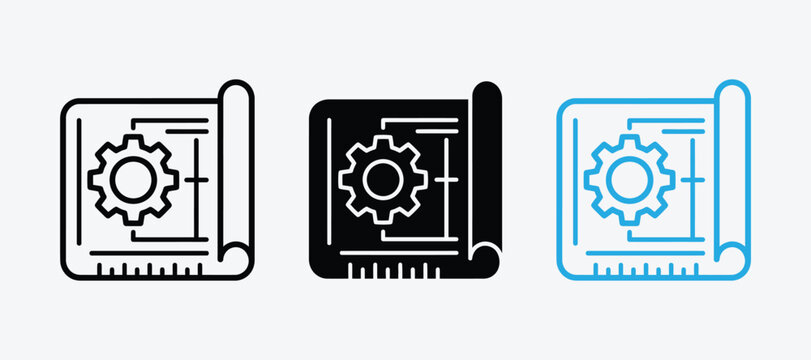 Blueprint gear engineering icons set with blueprint engineering technical