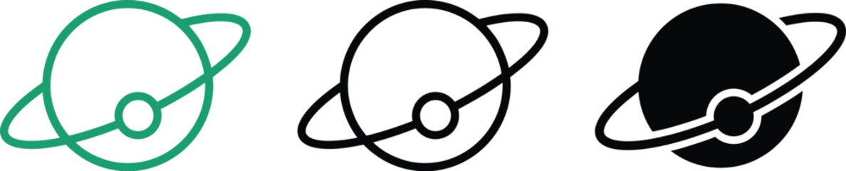 Planet with ring icons set in various styles for science graphics, astronomy © Liza Begum