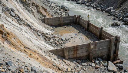 Naklejka premium Large wooden structure side rocky hillside appears drainage ditch dam small pool water center flowing rocks bo