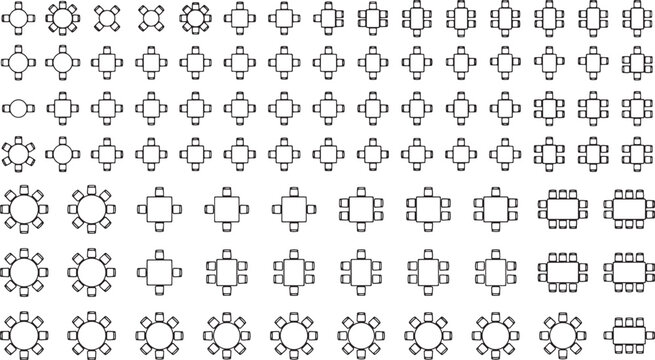 Top view furniture layout icons set featuring various dining table and chair arrangements for interior design planning