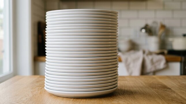 Stack of Clean, White, Heavy-Duty Plates on a Wooden Table in a Kitchen Featuring Dining, Surface, Home with Interior and Modern Elements