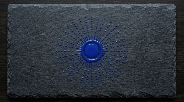 Sun with Blue Rays on a Dark Stone Surface Featuring Top-Down View, Minimalist, Abstract with Artistic and Design Elements for Illustration, Symbol