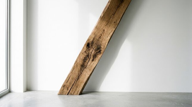 Timber Leaning Against a White Wall in a Minimalist Room Featuring Wood, Raw, Natural with Rustic and Interior Elements for Design, Texture Projects