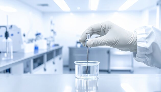 Hand in sterile glove preparing saline solution in laboratory beaker