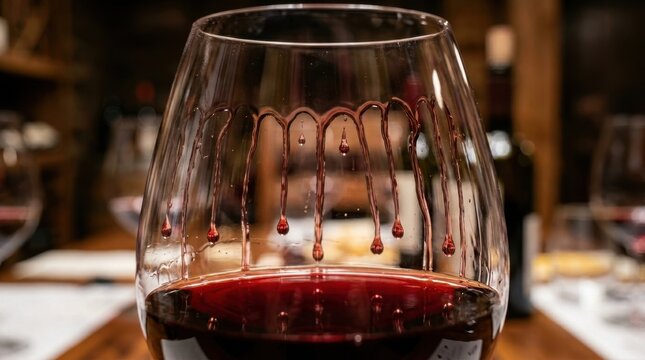 Wine Glass with Red Wine Showing Surface Tension and Droplets on the Inner Surface Featuring Close-Up, Macro Shot, Liquid with Drink and Alcohol
