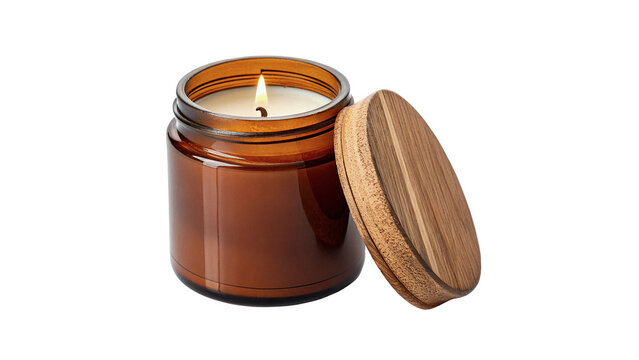Scented wax candle in amber glass jar with separate wooden lid isolated on transparent background