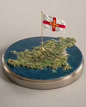 Ultra Detailed 3D Topographic Map of Guernsey with Flag on Premium Metallic Display Stand