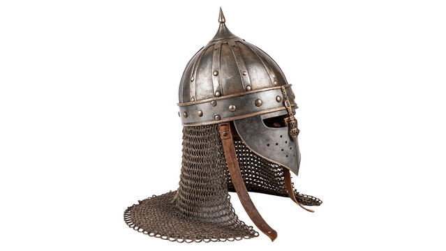 Ancient medieval knight warrior protective iron helmet isolated on a transparent background