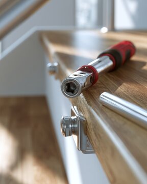 Close-up of torque wrench and stairlift rail mounting bracket on wooden stair tread