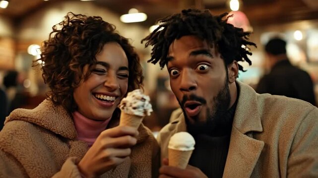 Smiling african young adult couple enjoying ice cream together indoors. The 14th of February. Happy Valentine's Day