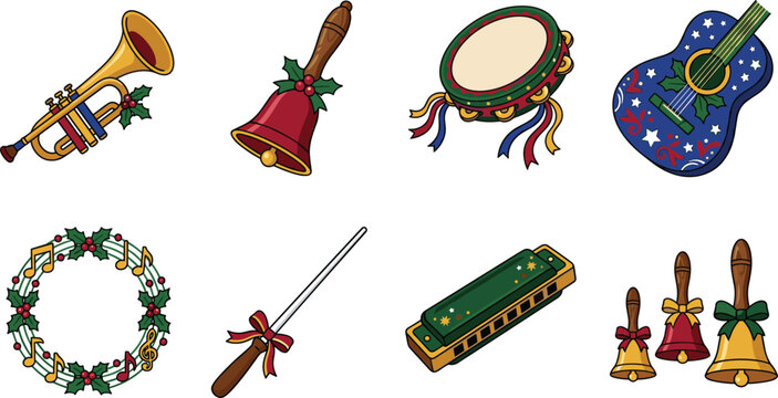 Christmas musical instruments icon set featuring cartoon guitar trumpet bells harmonica and festive wreath isolated on white background