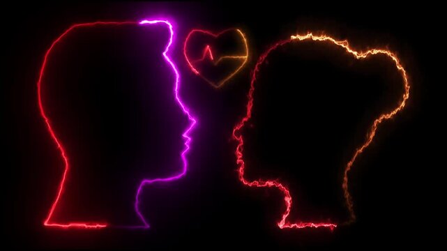 Happy propose day Neon Signs with Silhouettes of Lovers' Faces and Heart. neon couple man and woman icon Animation on black background. 4k animation.
