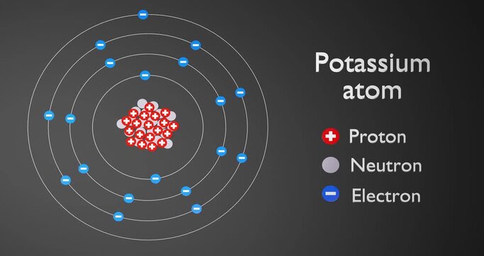 Physics concept. Atom of Potassium. 3d render video.