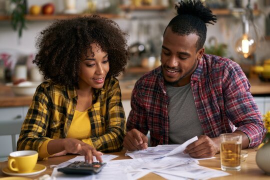 Couple calmly organizing household bills using calculator at home