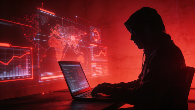 Hooded hacker using a laptop surrounded by glowing cybersecurity icons and digital network connections in a futuristic cyber environment.