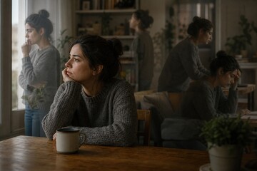 Fototapeta premium Echoes of a mind lost in silent struggle, reflecting anxiety's heavy burden at home