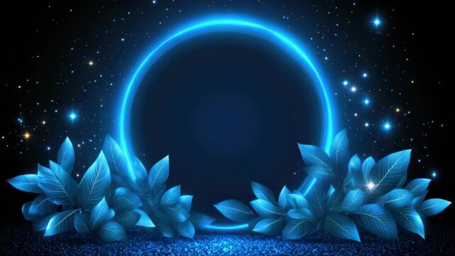 Glowing blue neon circle with leaves and sparkling starry background