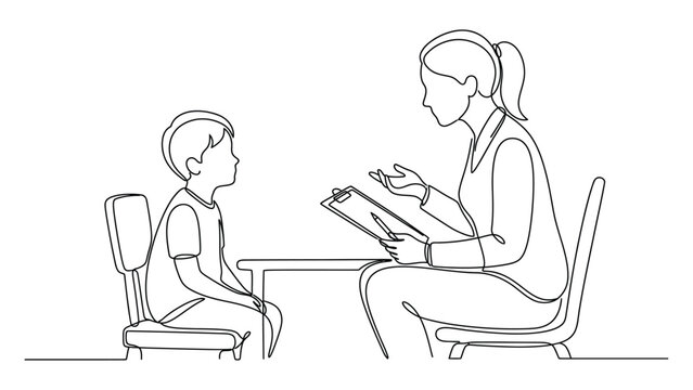 Continuous line drawing of a child talking to a therapist in a session