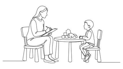 Fototapeta premium Continuous line drawing of a child therapist interacting with a young boy