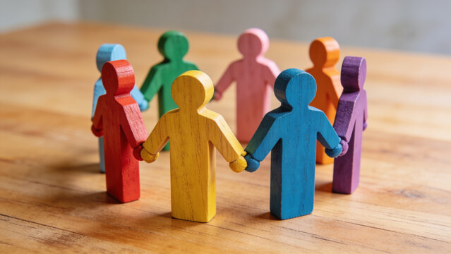Colorful wooden figures standing together in a circle symbolizing diversity, inclusion, teamwork, community, and social unity.