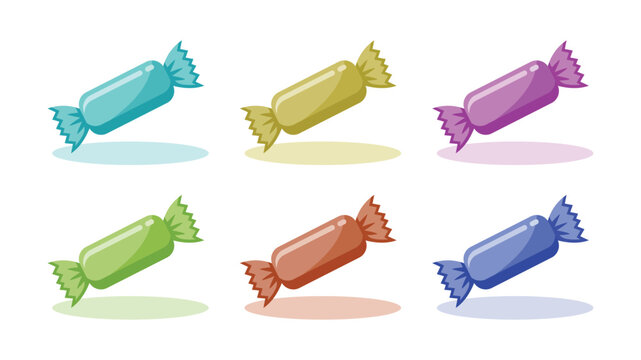 Six solid colorful candies sweet sugar dessert vector illustration set pack isolated on white background flat graphic