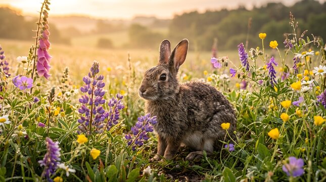 A wild European rabbit (Oryctolagus cuniculus) sits peacefully in a lush meadow filled with blooming wildflowers