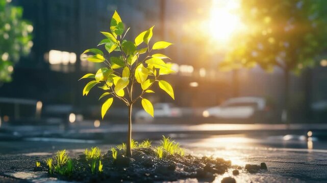 Young tree in sunlit urban environment with morning light and dewy leaves