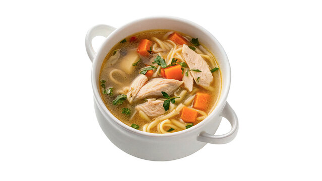 Hot chicken soup with vegetables and noodles in white ceramic pot isolated on transparent background