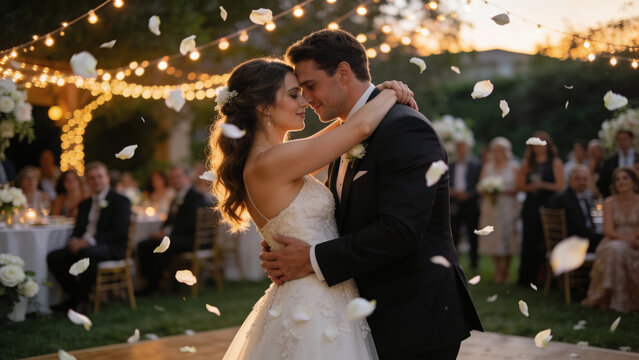 Bride and groom sharing a romantic first dance at an outdoor wedding reception beneath glowing string lights.