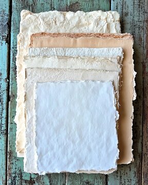 A Stack of Handmade Deckled Edge Paper Sheets in Neutral Tones Placed on a Rustic Weathered Surface