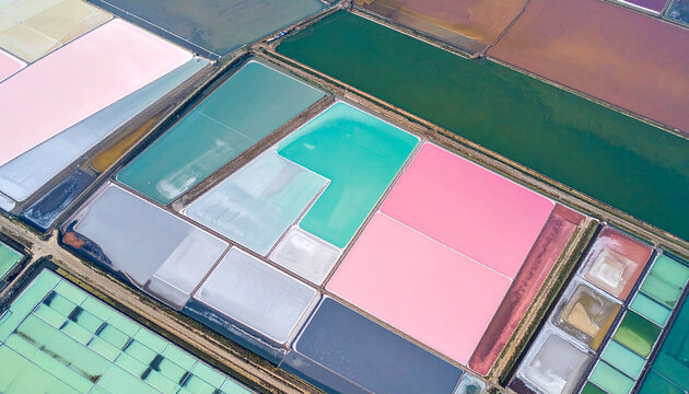 Abstrakte Luftaufnahme von oben auf k&uuml;nstliche Salzverdunstungsbecken, perfekte geometrische rechteckige Felder im Farbwechsel von Pastellrosa zu softem T&uuml;rkis, grafisch
