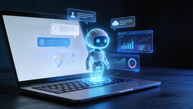 Business professional using a laptop with a virtual AI agent assistant hologram representing intelligent automation and digital communication.