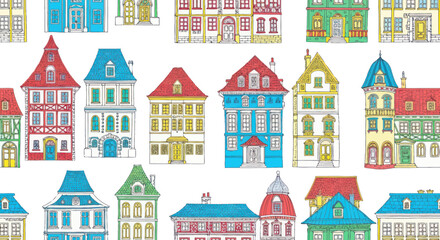 Fototapeta premium Colorful hand drawn old town buildings seamless pattern