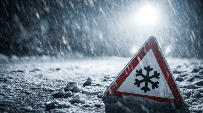 Winter road hazard sign in heavy snowstorm, warning of icy conditions during blizzard, dangerous driving weather with car headlights