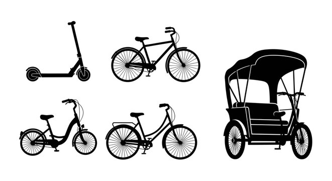 Urban transport silhouettes with bicycles electric scooter and rickshaw