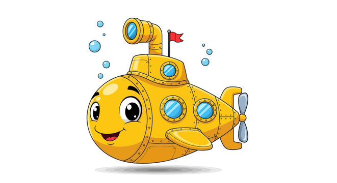 Smiling yellow submarine explorer character with periscope and bubbles
