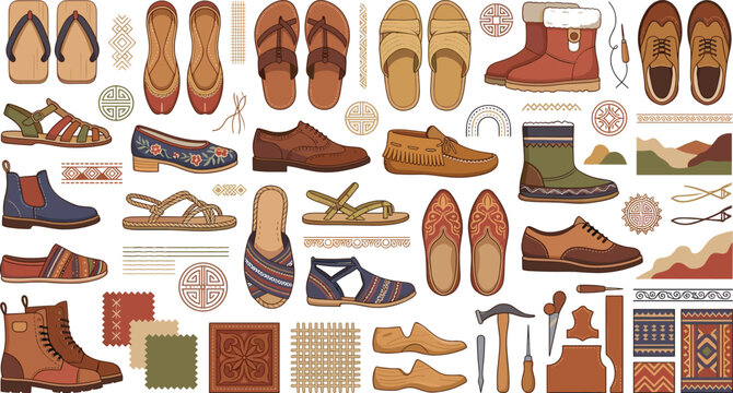 Handmade Leather Shoes and Artisan Footwear Vector Icon Set Featuring Traditional Sandals Winter Boots Cobbler Tools and Ethnic Ornaments