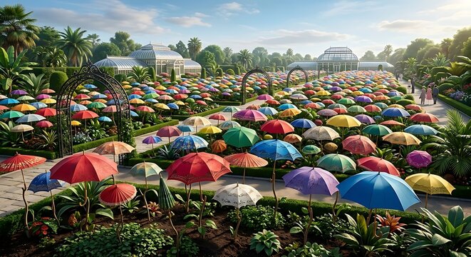 Surreal landscape featuring a botanical garden where colorful umbrellas bloom like flowers instead of plants