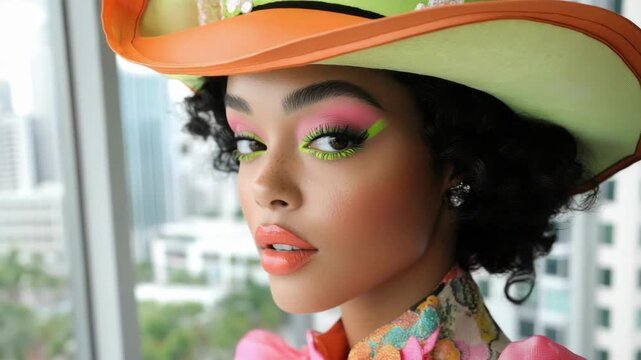 Young african woman with colorful makeup and hat, city background