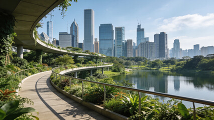 Fototapeta premium Modern urban park with elevated pedestrian walkways surrounded by skyscrapers, showcasing sustainable city planning, green infrastructure, and contemporary urban living.