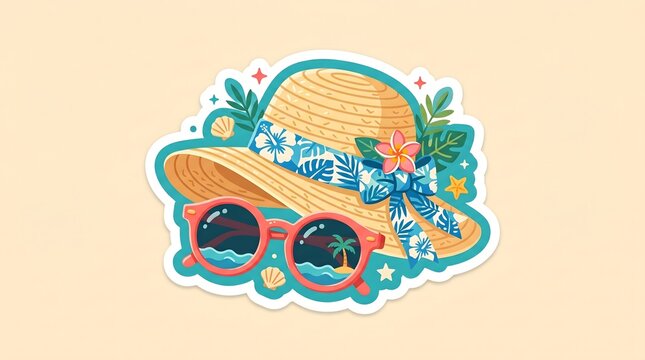 Bright cartoon sticker featuring summer beach items like sunglasses, hat, and accessories, perfect for vacation and holiday themes.
