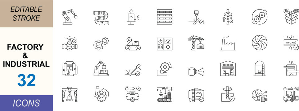 Factory and industrial line icon set. Featuring manufacturing, machinery, automation, warehouse, logistics and engineering symbols for UI, web, apps and print vector projects.