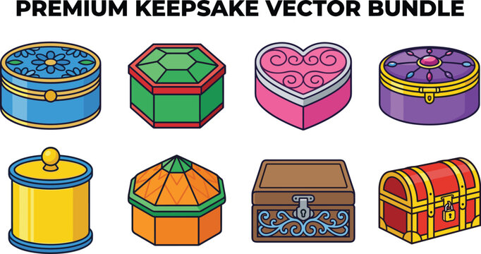 Premium keepsake vector bundle featuring cartoon jewelry boxes chest and decorative storage containers isolated on white background