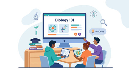 Fototapeta premium Students learning biology online with a computer.