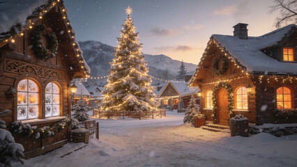 Fototapeta premium Snow-covered Christmas village with a beautifully illuminated Christmas tree, creating a magical winter holiday scene filled with festive charm and seasonal warmth.